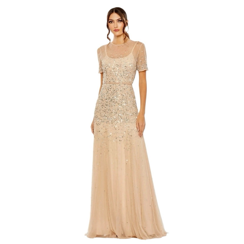 Mac Duggal‎ 93909 Nude Silver Sequin Gown Sheer High Neck Short Sleeve Size 10